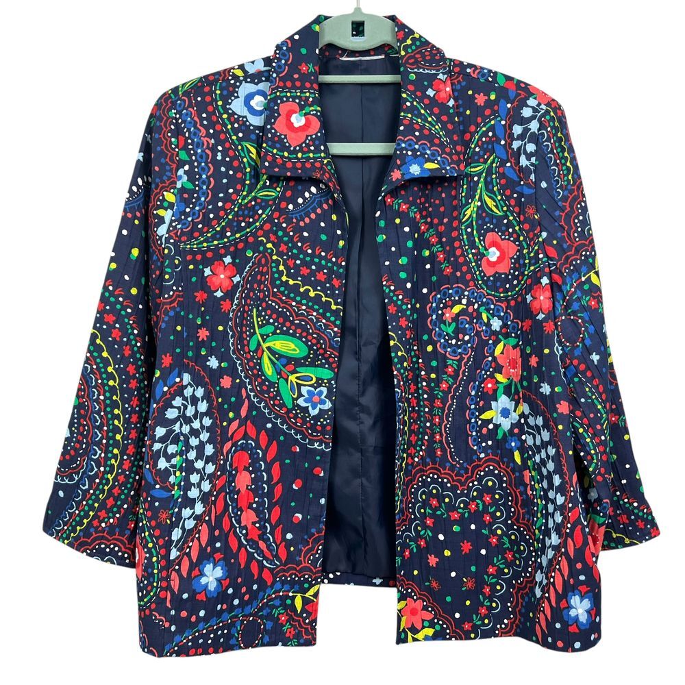 Womens Floral Print Blazer Jacket Open Front Lined Textured Navy Multi Size M*